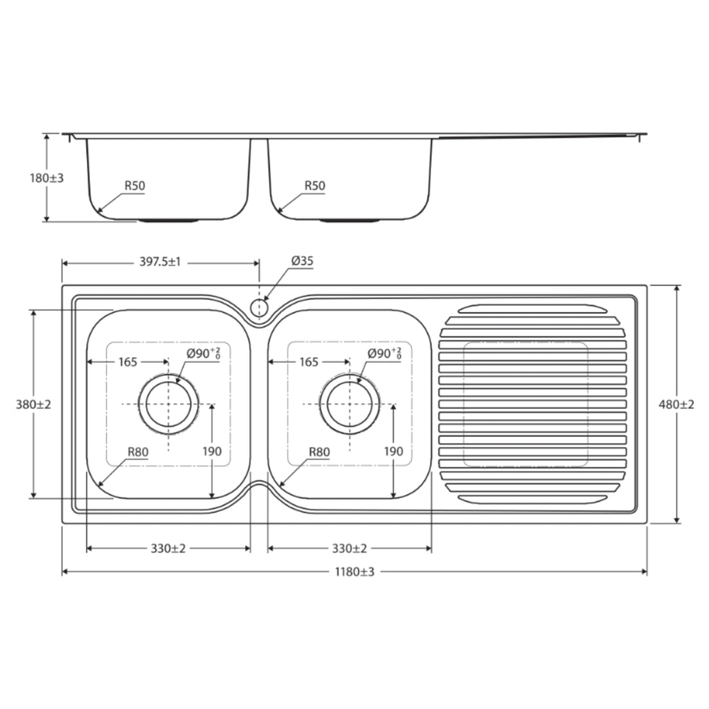 FIENZA TIVA DOUBLE BOWL KITCHEN SINK WITH DRAINER STAINLESS STEEL 1180MM