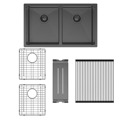 FIENZA HANA DOUBLE BOWL KITCHEN SINK KIT PVD CARBON METAL 760MM