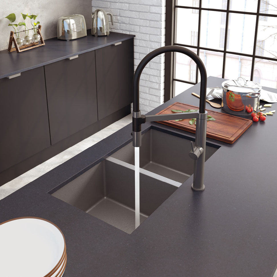 FIENZA HANA DOUBLE BOWL KITCHEN SINK PVD CARBON METAL 760MM