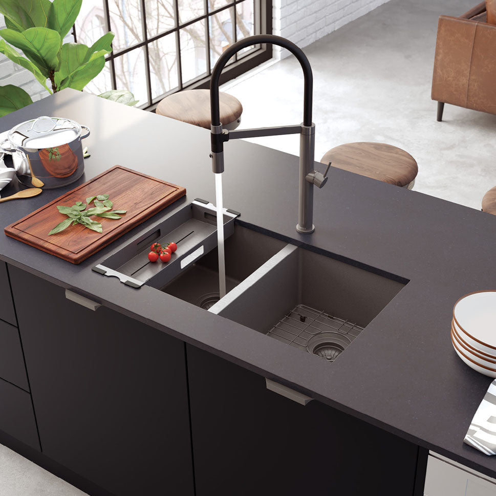 FIENZA HANA DOUBLE BOWL KITCHEN SINK PVD CARBON METAL 760MM
