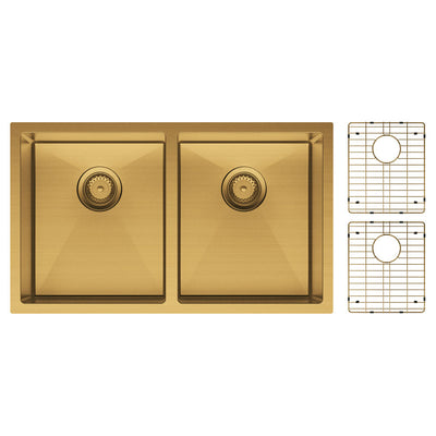FIENZA HANA DOUBLE BOWL KITCHEN SINK KIT PVD RUGGED BRASS 760MM