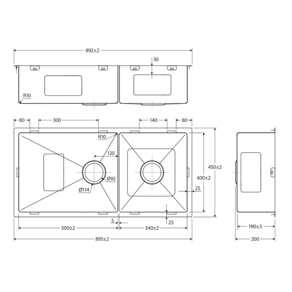 FIENZA HANA DOUBLE BOWL KITCHEN SINK STAINLESS STEEL 892MM