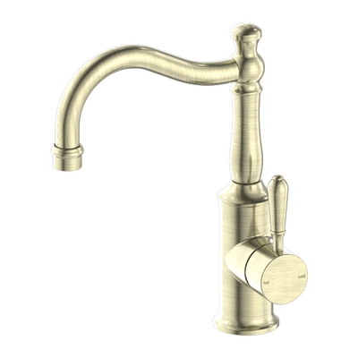 NERO YORK BASIN MIXER WITH METAL LEVER 265MM AGED BRASS