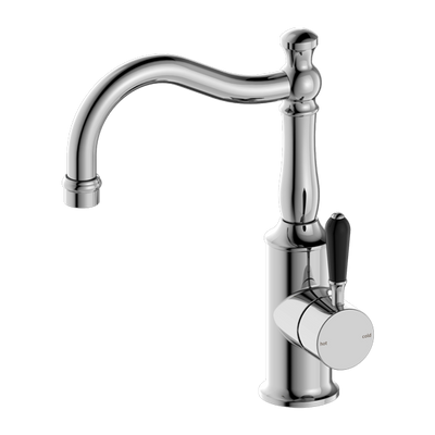 NERO YORK BASIN MIXER WITH BLACK PORCELAIN LEVER 265MM CHROME
