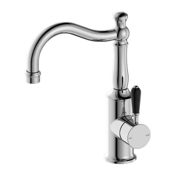 NERO YORK BASIN MIXER 265MM CHROME WITH BLACK PORCELAIN LEVER