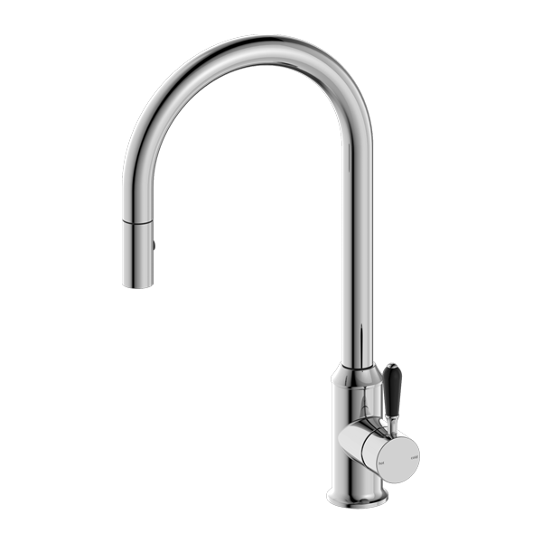 NERO YORK SPRAY PULL OUT SINK MIXER 457MM CHROME WITH BLACK PORCELAIN LEVER