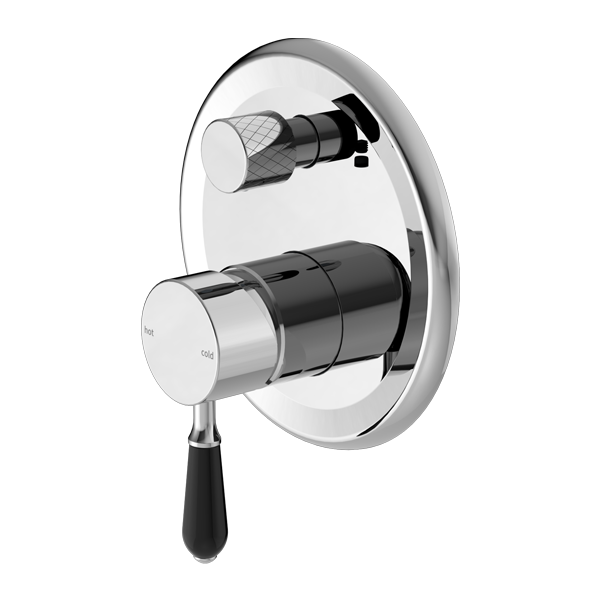 NERO YORK SHOWER MIXER DIVERTER 160MM CHROME WITH BLACK PORCELAIN LEVER