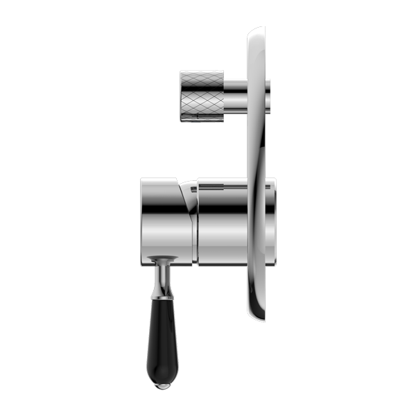 NERO YORK SHOWER MIXER DIVERTER 160MM CHROME WITH BLACK PORCELAIN LEVER