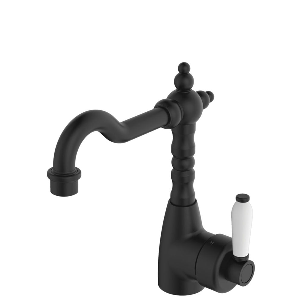 FIENZA ELEANOR SHEPHERDS CROOK BASIN MIXER 233MM CERAMIC HANDLE MATTE BLACK