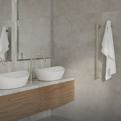 THERMOGROUP SLIMLINE ROUND VERTICAL HEATED SINGLE TOWEL RAIL BRUSHED NICKEL 900MM