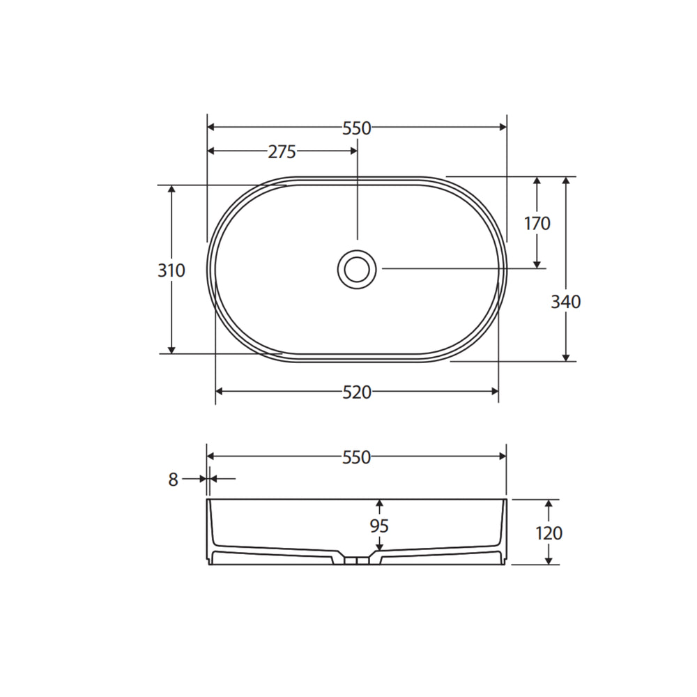 FIENZA MINKA PILL SOLID SURFACE ABOVE COUNTER BASIN MATTE BLACK 550MM