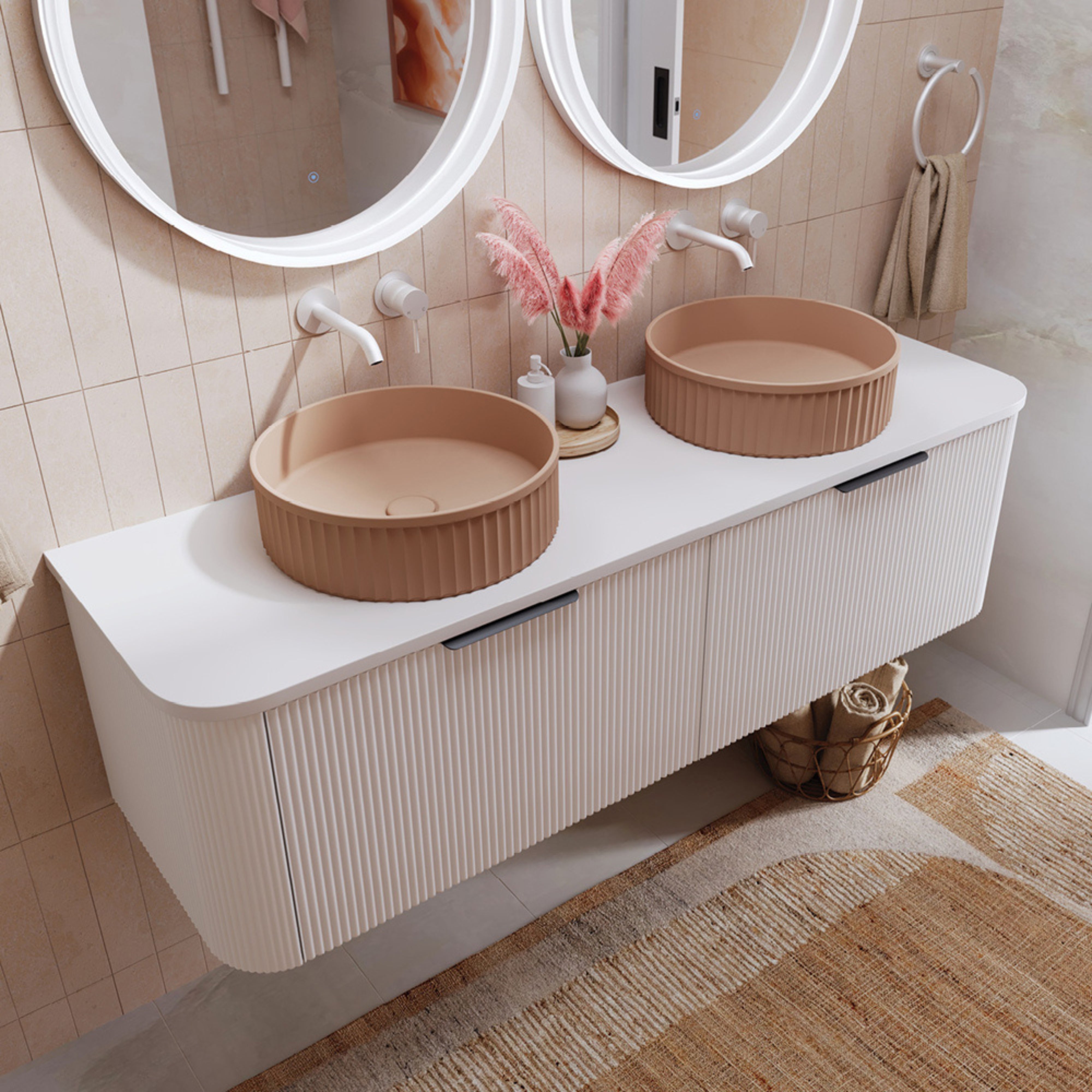 FIENZA MINKA SATIN WHITE FLUTED 1500MM CURVE DOUBLE BOWL WALL HUNG VANITY