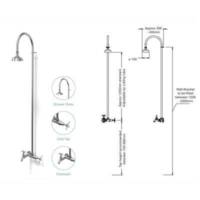 RAINWARE BRIBIE WALL MOUNTED OUTDOOR COLD SHOWER AND HOSE TAP OR FOOTWASH STAINLESS STEEL