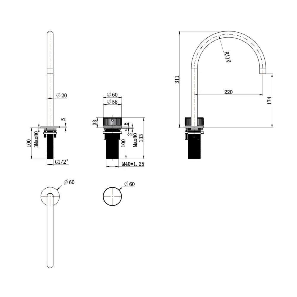 BELLA VISTA MICA FLUTED LEAD FREE GOOSENECK HOB SINK/BASIN MIXER SET 311MM BLACK
