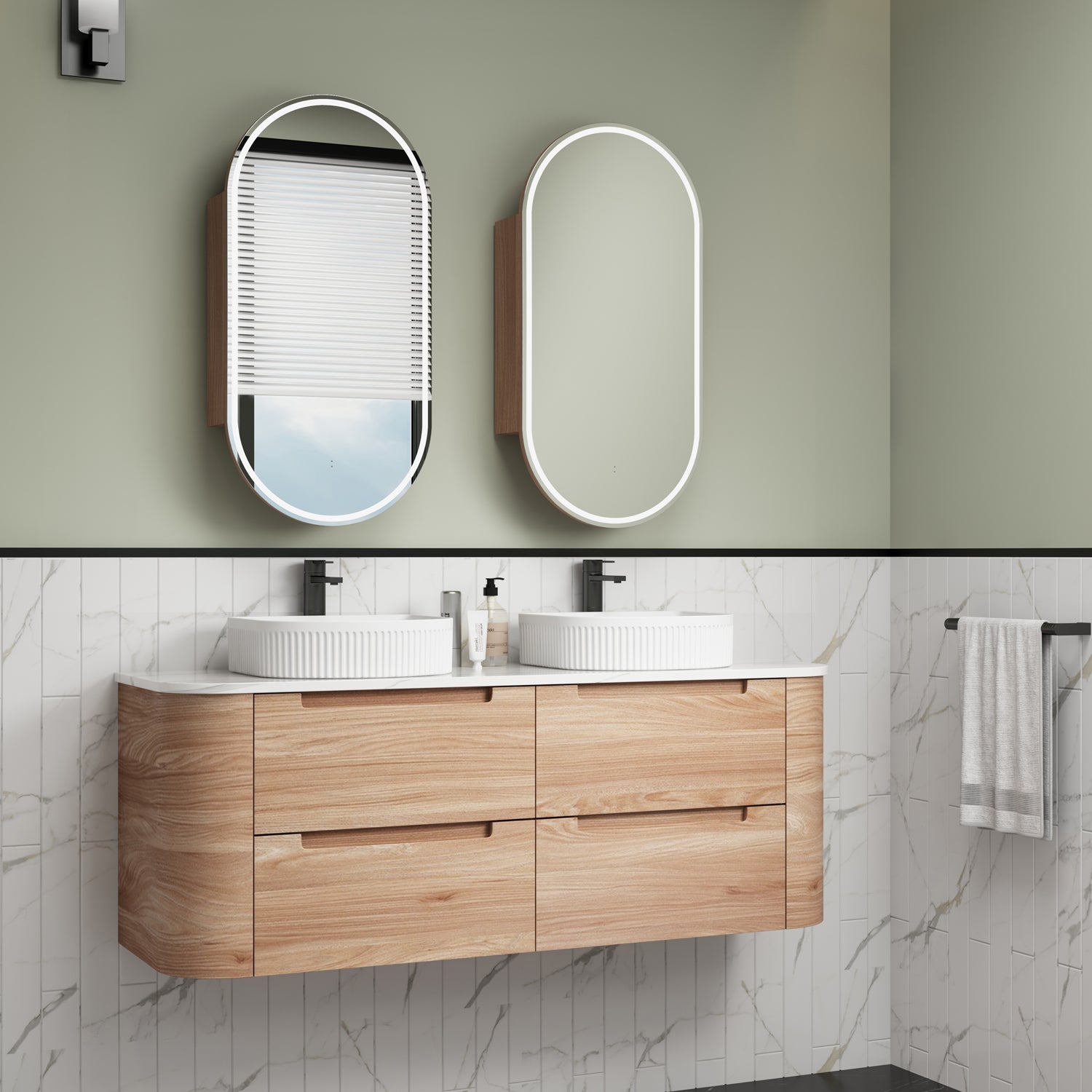 AULIC BRIONY REAL TIMBER 1500MM CURVE DOUBLE BOWL WALL HUNG VANITY