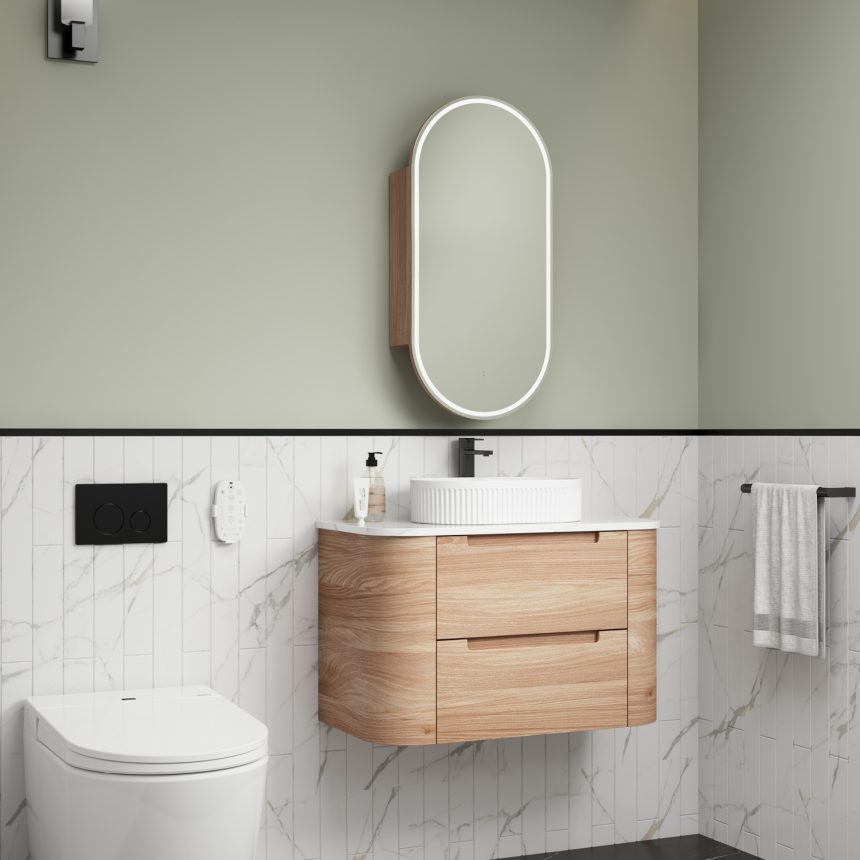 AULIC BRIONY REAL TIMBER 900MM CURVE SINGLE BOWL WALL HUNG VANITY
