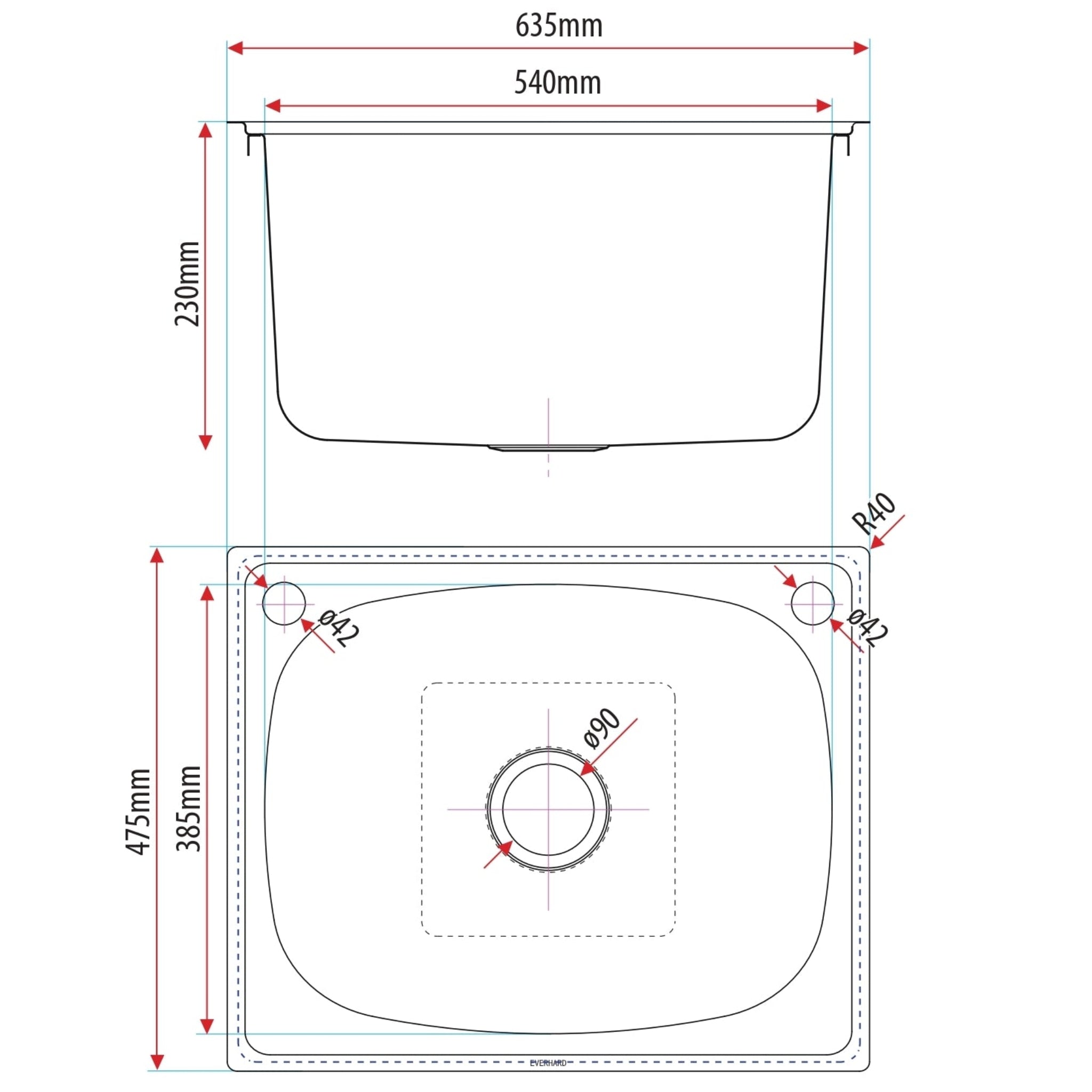 EVERHARD CLASSIC 45L UTILITY LAUNDRY SINK STAINLESS STEEL 635MM