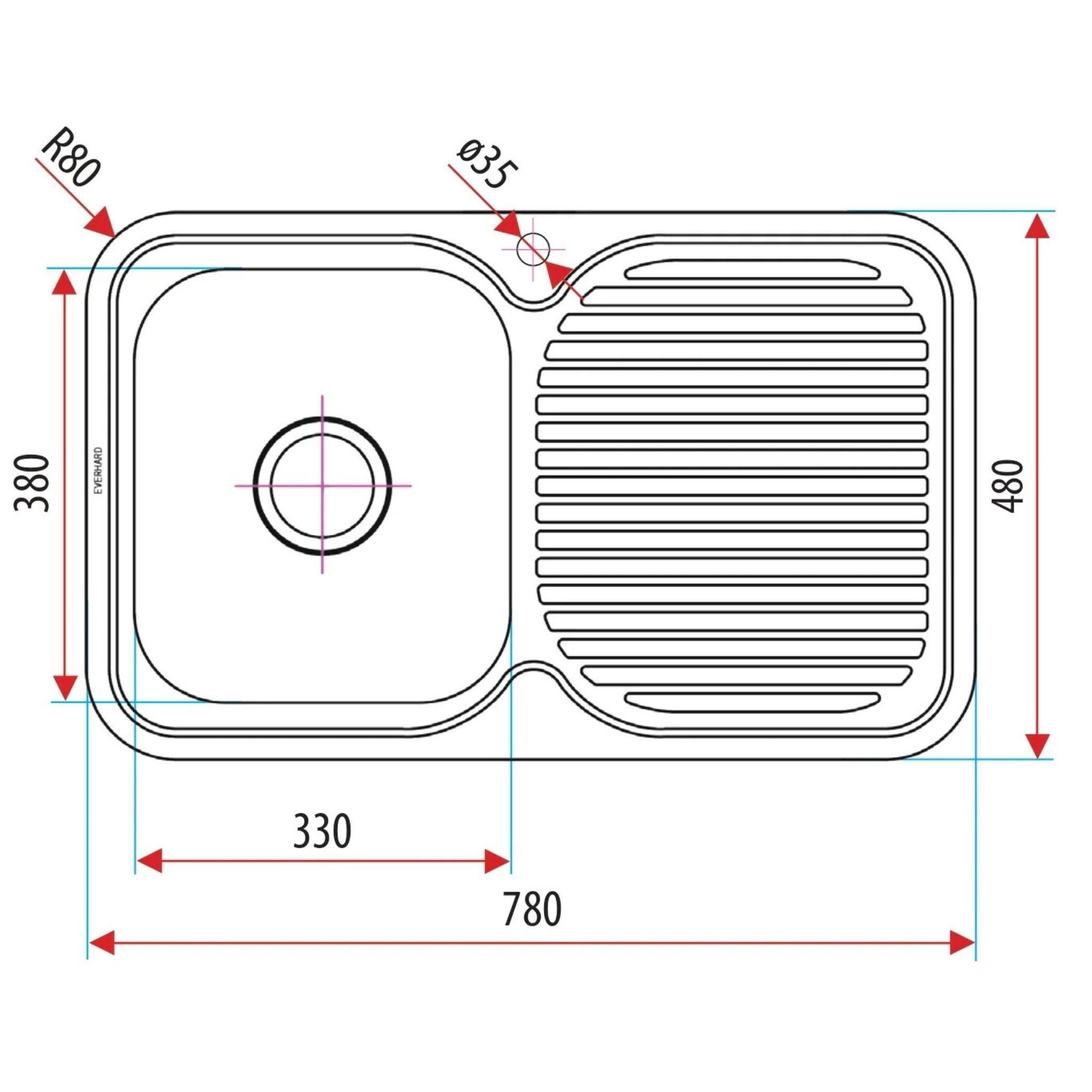EVERHARD CLASSIC STANDARD SINGLE BOWL & DRAINER KITCHEN SINK STAINLESS STEEL 780MM