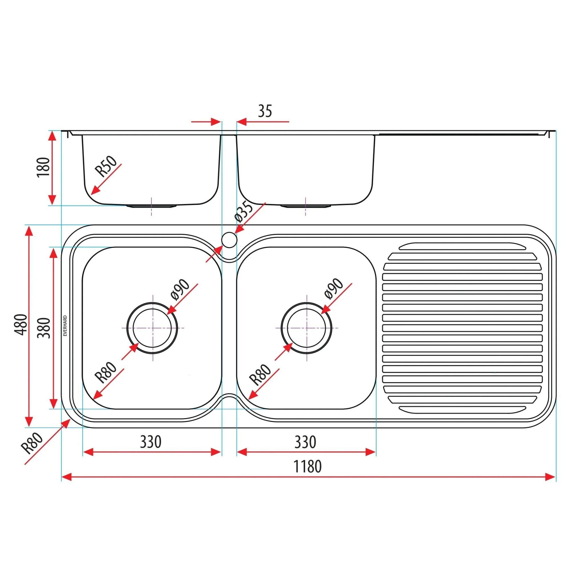 EVERHARD CLASSIC STANDARD 2 BOWL & DRAINER KITCHEN SINK STAINLESS STEEL 1180MM