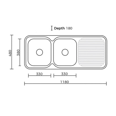 EVERHARD CLASSIC STANDARD 2 BOWL & DRAINER KITCHEN SINK STAINLESS STEEL 1180MM