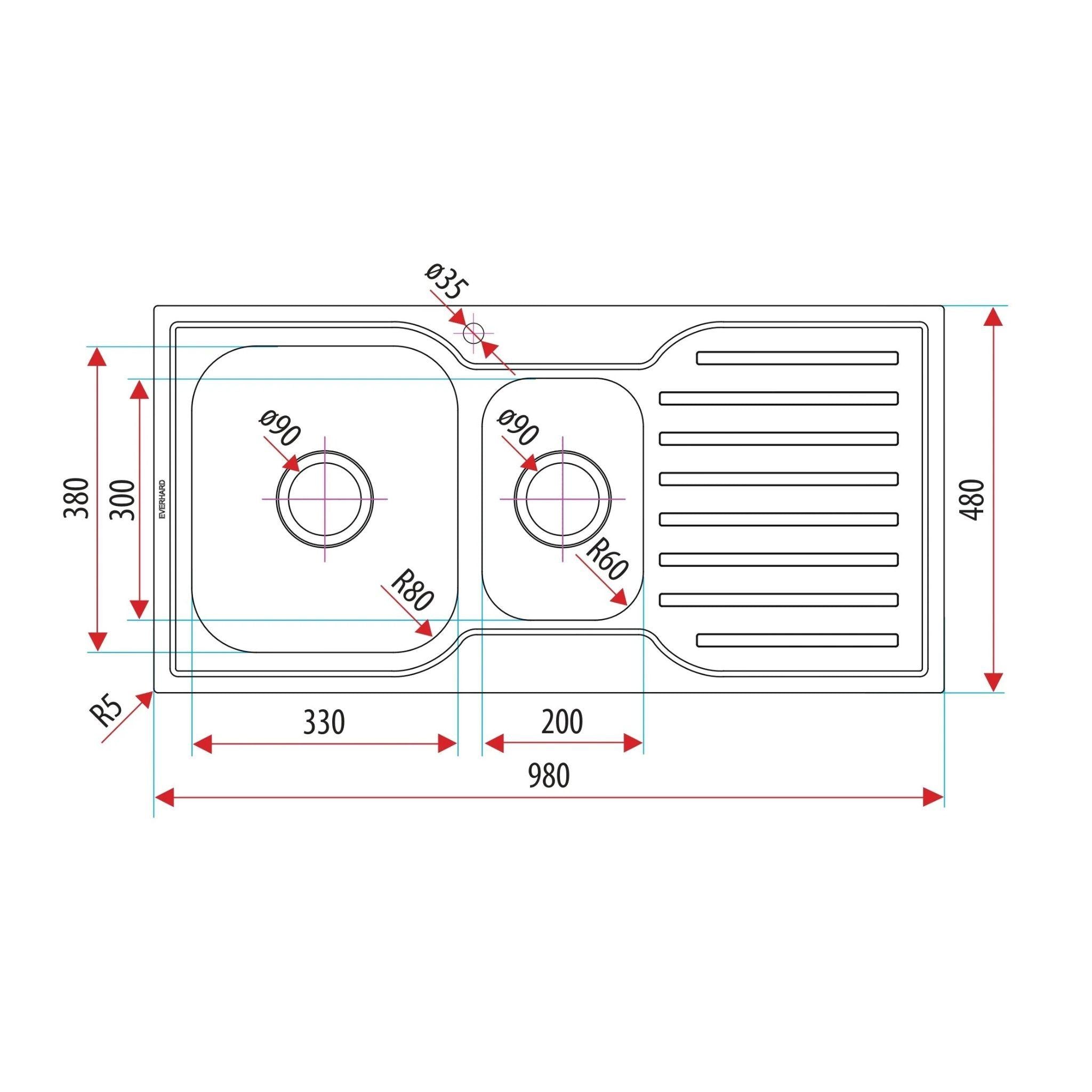EVERHARD CLASSIC SQUARE 1.5 BOWL & DRAINER KITCHEN SINK STAINLESS STEEL 980MM