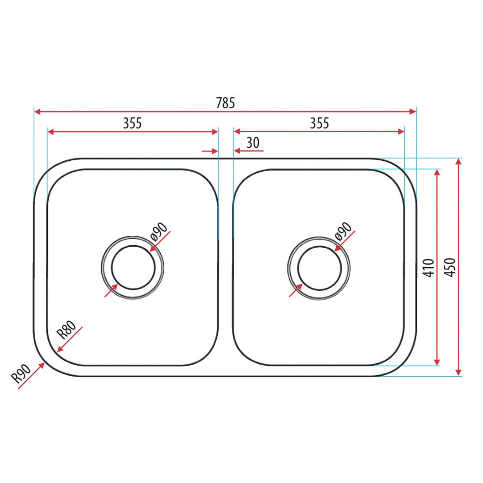 EVERHARD CLASSIC STANDARD DOUBLE BOWL KITCHEN SINK STAINLESS STEEL 785MM