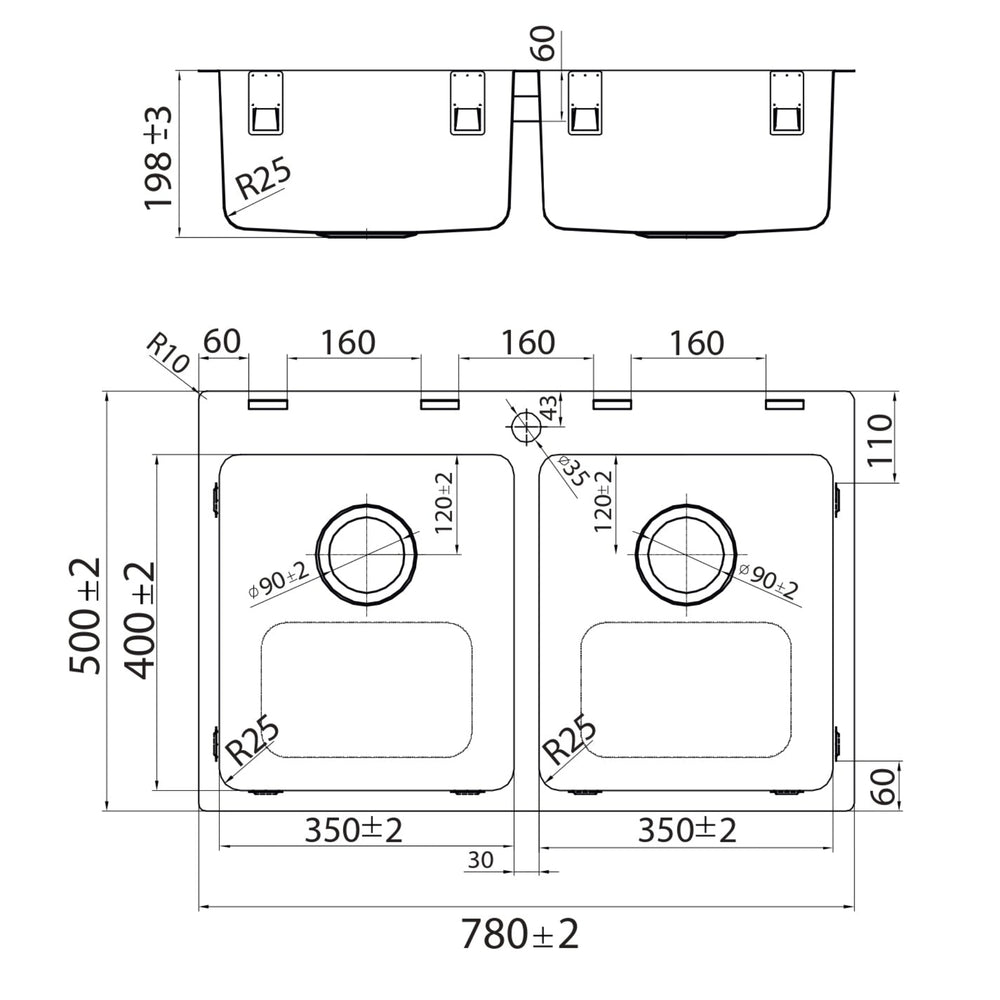 EVERHARD NUGLEAM EDGE DOUBLE BOWL KITCHEN SINK STAINLESS STEEL 780MM