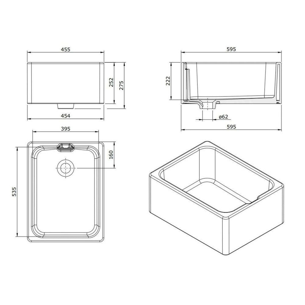 TURNER HASTINGS BELFAST FARMHOUSE BUTLER SINK WITH INTERNAL OVERFLOW GLOSS WHITE 600MM