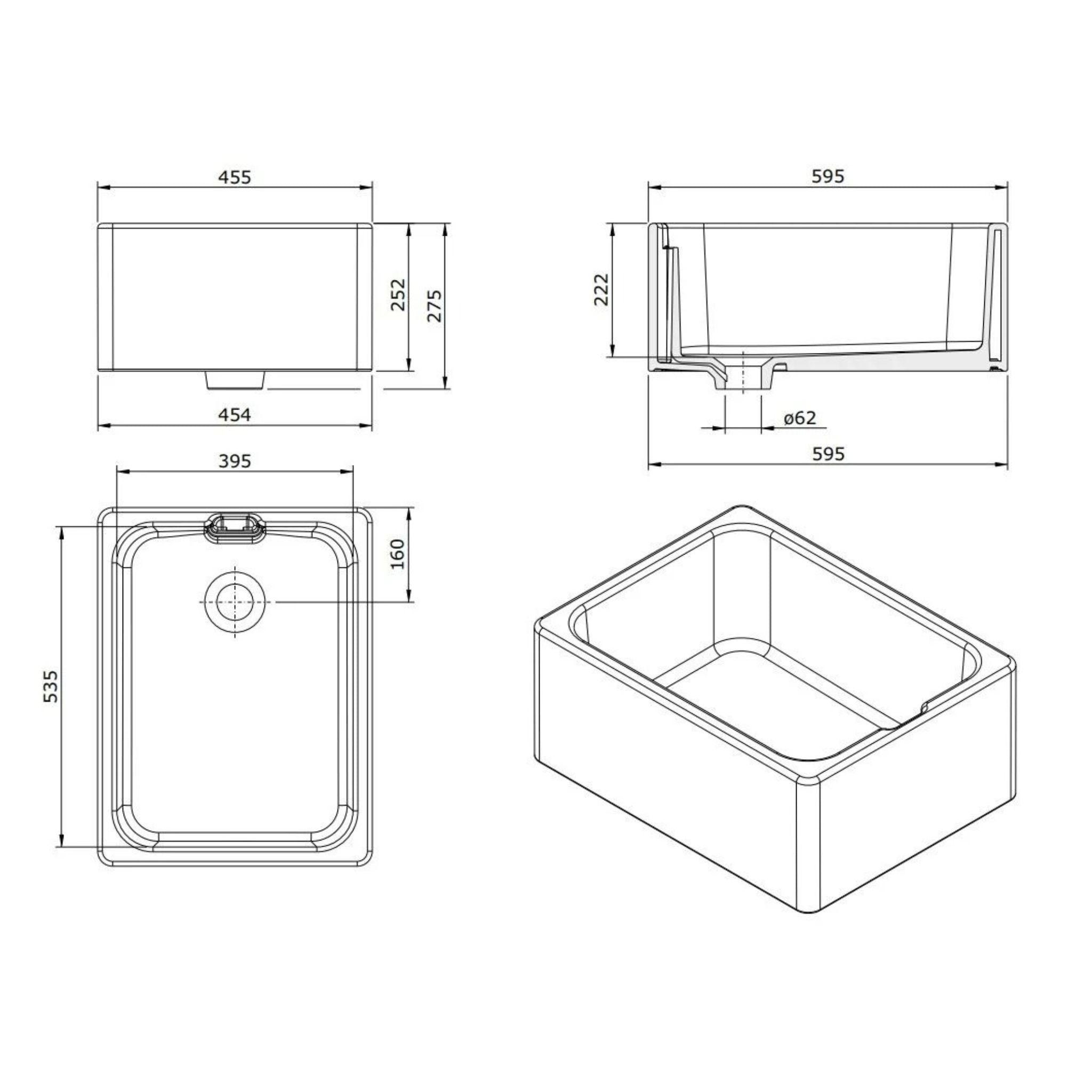 TURNER HASTINGS BELFAST FARMHOUSE BUTLER SINK WITH INTERNAL OVERFLOW GLOSS WHITE 600MM