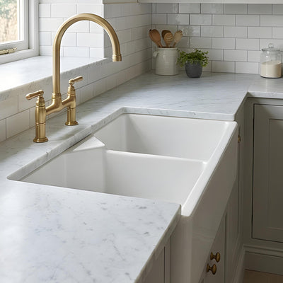 TURNER HASTINGS CHESTER FARMHOUSE DOUBLE BOWL BUTLER SINK NO TAPHOLE WITH OVERFLOW GLOSS WHITE 800MM