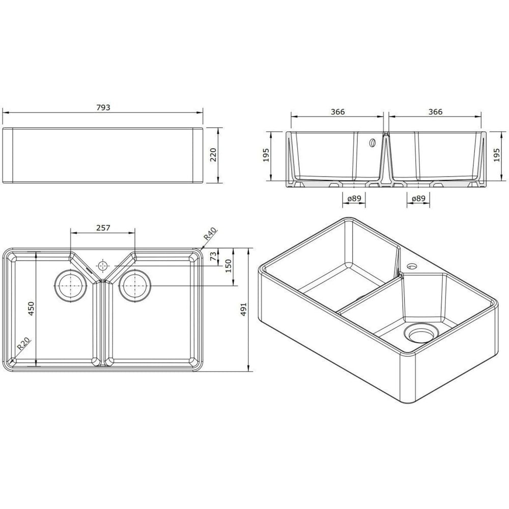 TURNER HASTINGS CHESTER FARMHOUSE DOUBLE BOWL BUTLER SINK WITH TAPHOLE AND OVERFLOW GLOSS WHITE 800MM