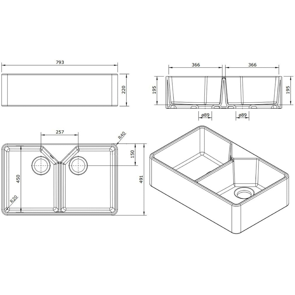 TURNER HASTINGS CHESTER FARMHOUSE DOUBLE BOWL BUTLER SINK WITH NO TAPHOLE GLOSS WHITE 800MM