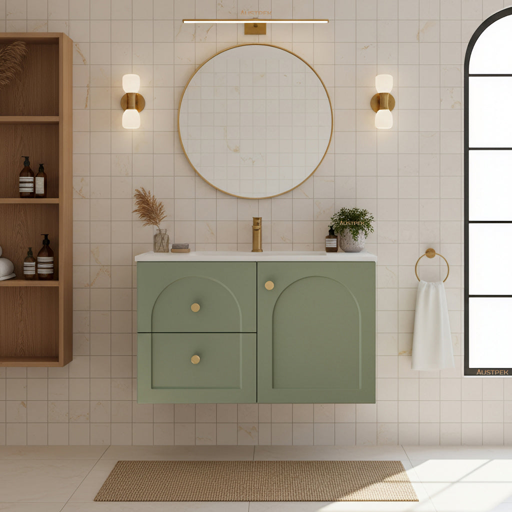 LUKKA CHESTER FEDERATION OLIVE GREEN 750MM SINGLE BOWL WALL HUNG VANITY (AVAILABLE IN LEFT HAND DRAWER AND RIGHT HAND DRAWER)
