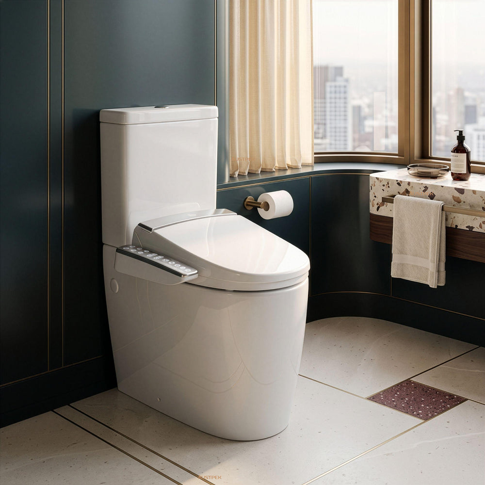 KOHLER GRANDE RIMLESS BACK TO WALL TOILET AND ENGLEFIELD ELECTRONIC BIDET SEAT W/ SIDE CONTROL PACKAGE ELONGATED GLOSS WHITE