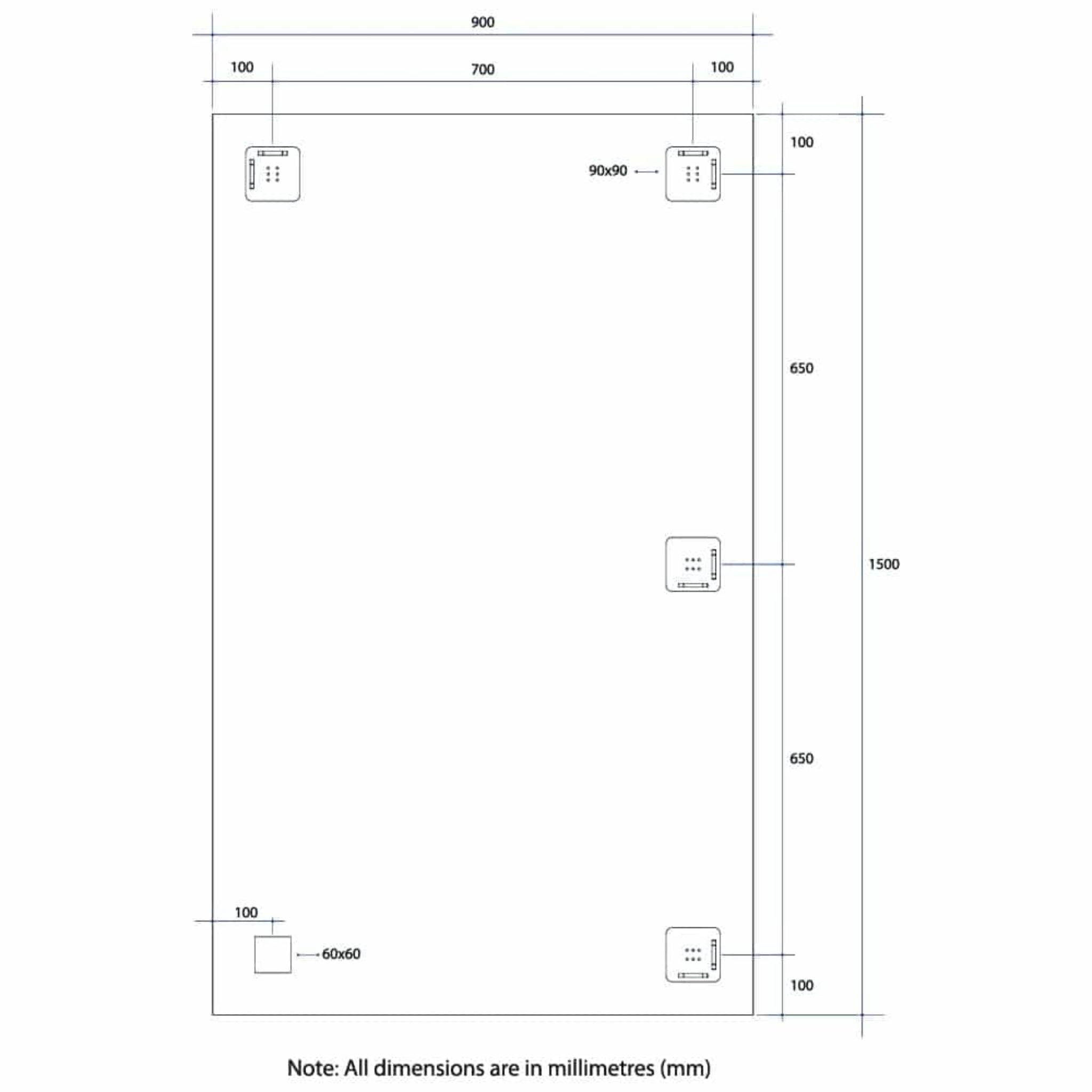 THERMOGROUP ABLAZE RECTANGLE POLISHED EDGE MIRROR WITH DEMISTER 900X1500MM