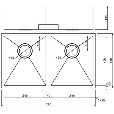 IKON ROSA DOUBLE BOWL UNDERMOUNT SINK STAINLESS STEEL 760MM