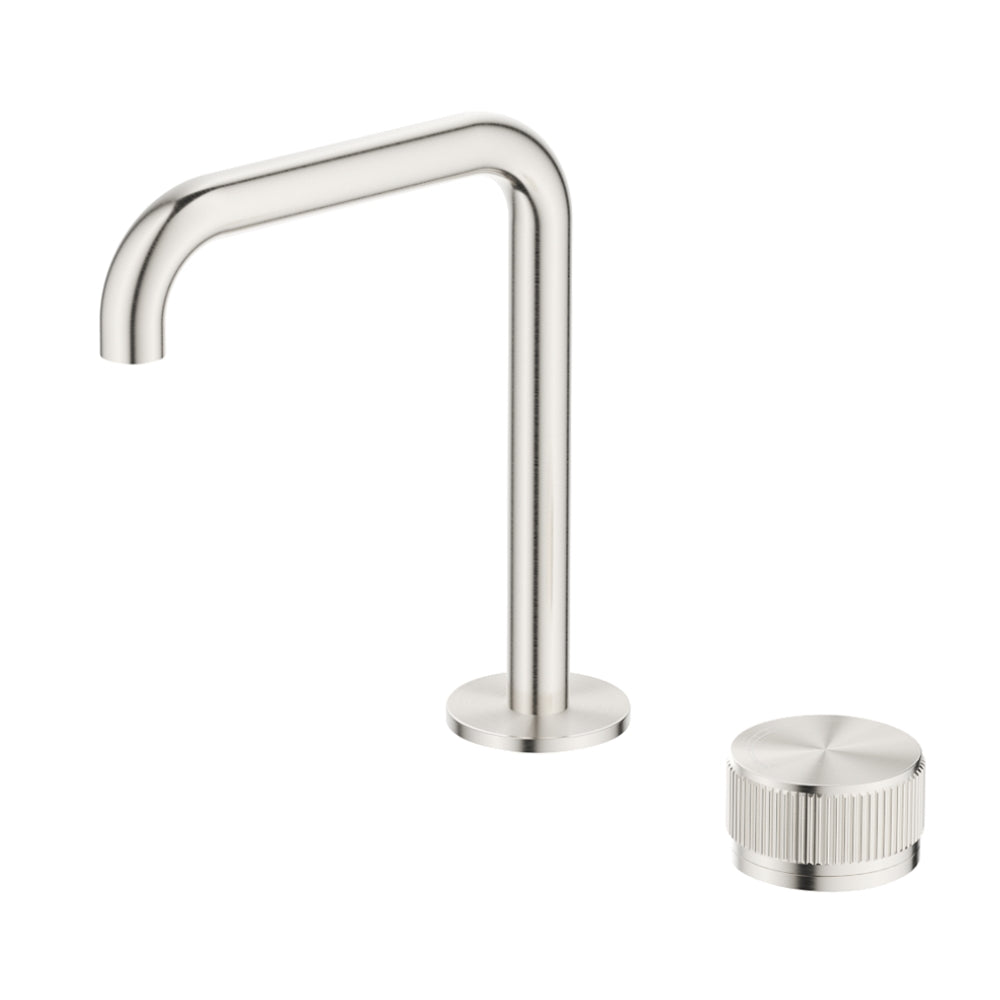 BELLA VISTA MICA LEAD FREE FLUTED SOFT-SQUARE HOB BASIN MIXER SET 205MM BRUSHED NICKEL