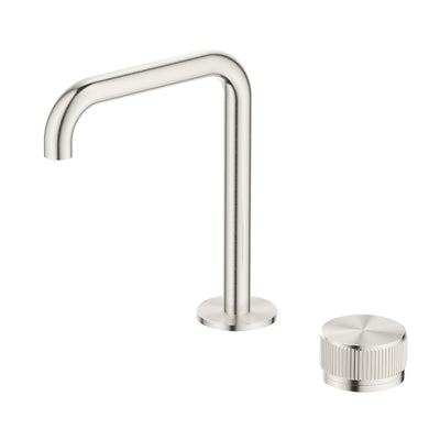 BELLA VISTA MICA LEAD FREE FLUTED SOFT-SQUARE HOB BASIN MIXER SET 205MM BRUSHED NICKEL