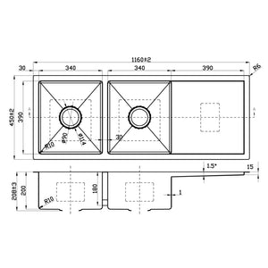 IKON EDEN DOUBLE BOWL SINGLE DRAINER SINK STAINLESS STEEL 1160MM