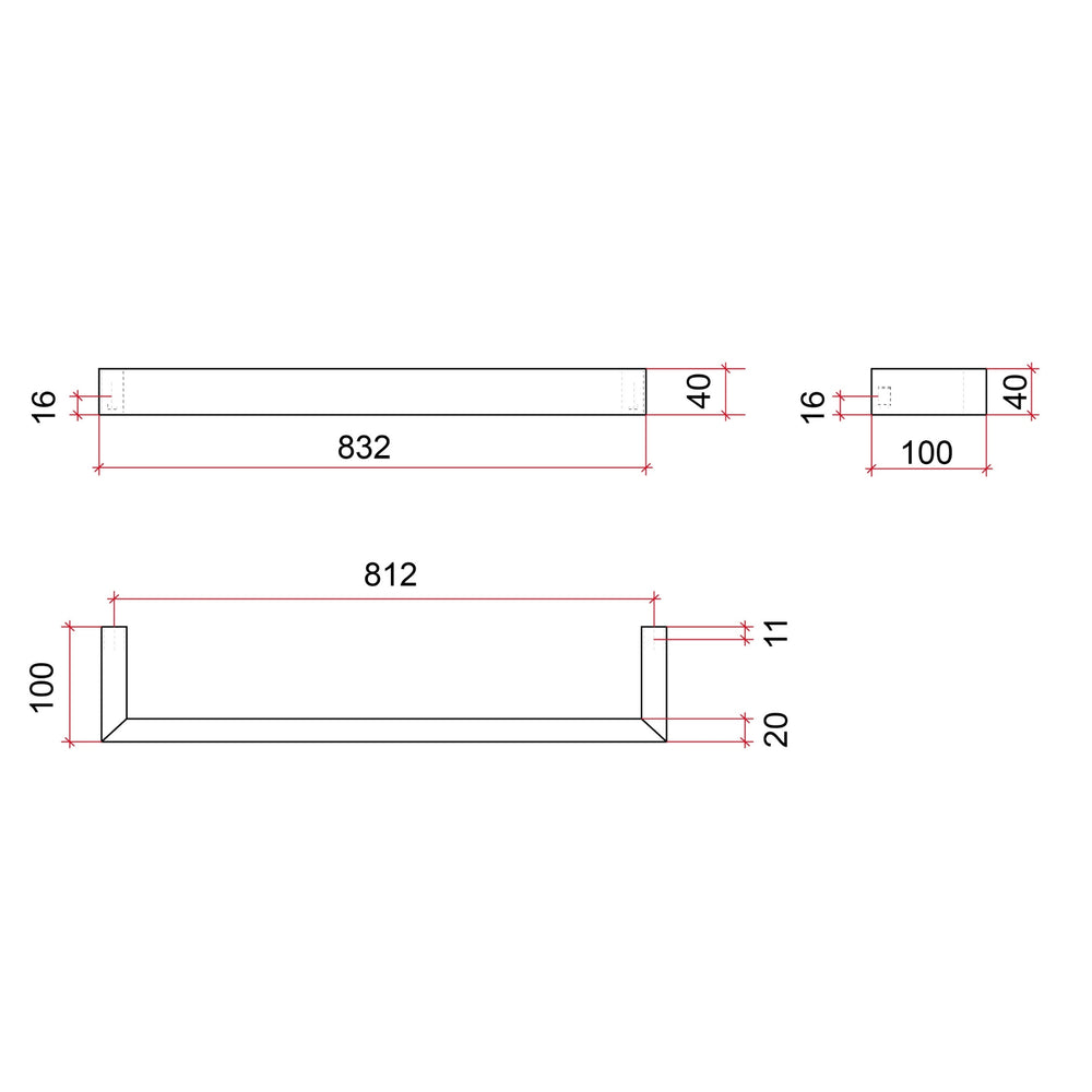 THERMOGROUP SQUARE SINGLE BAR HEATED TOWEL RAIL 832MM MATTE BLACK
