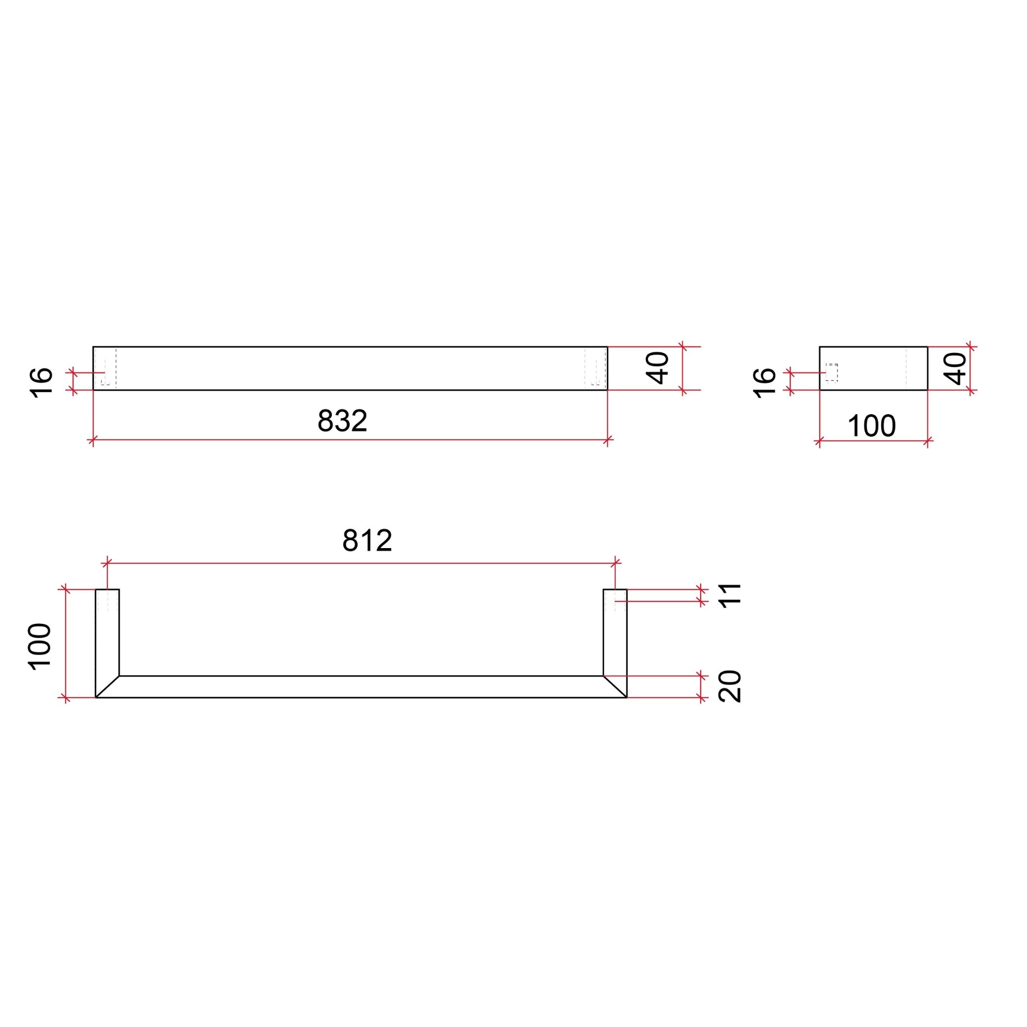 THERMOGROUP SQUARE SINGLE BAR HEATED TOWEL RAIL 832MM MATTE BLACK