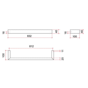 THERMOGROUP SQUARE SINGLE BAR HEATED TOWEL RAIL 832MM MATTE BLACK
