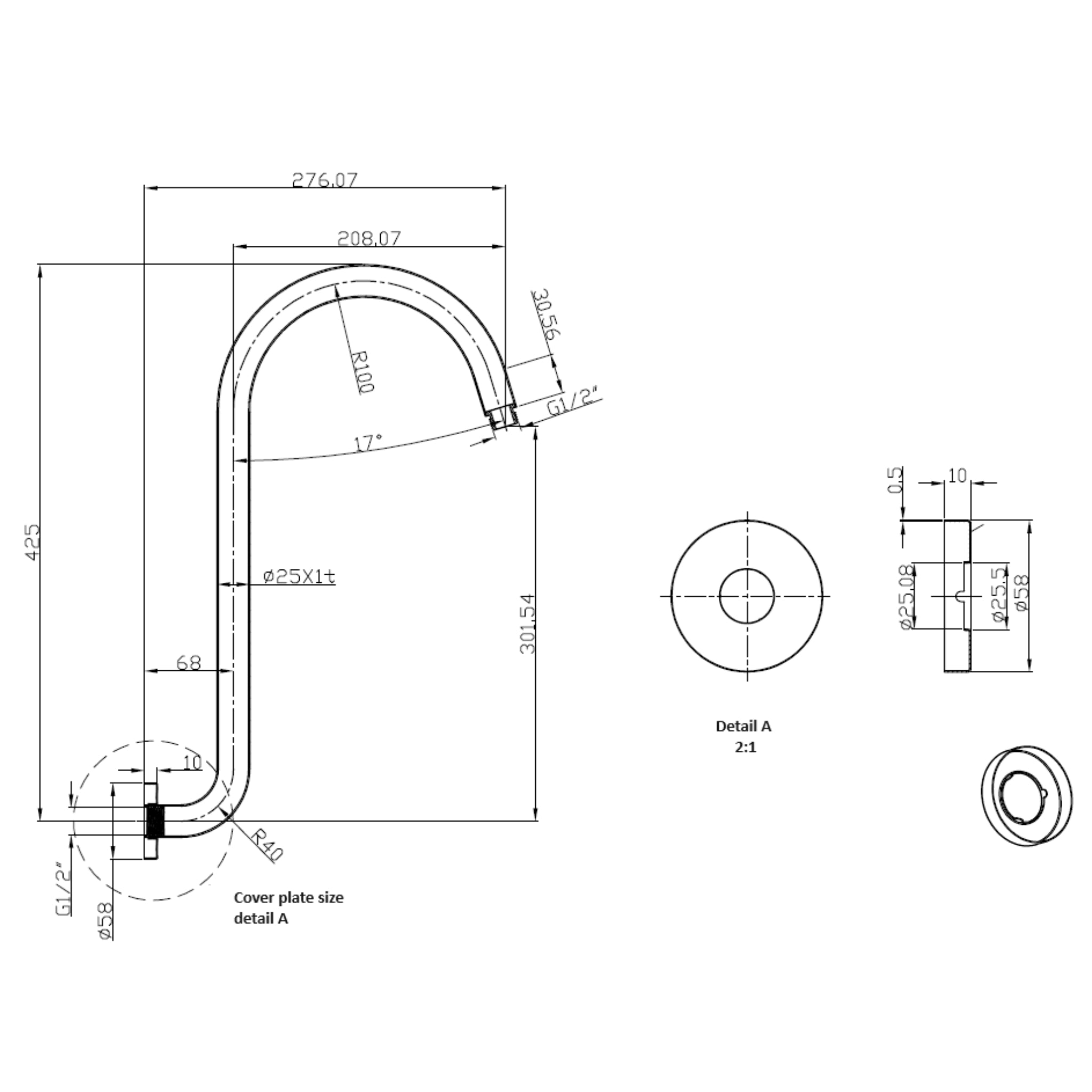 IKON CLASICO GOOSENECK SHOWER ARM 425MM CHROME