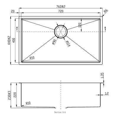IKON EDEN SINGLE BOWL UNDERMOUNT SINK STAINLESS STEEL 720MM