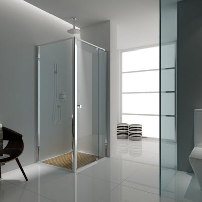 BELLA VISTA OLIVIA SEMI FRAMED PIVOT DOOR FRONT AND RETURN PANEL SHOWER SCREEN CHROME