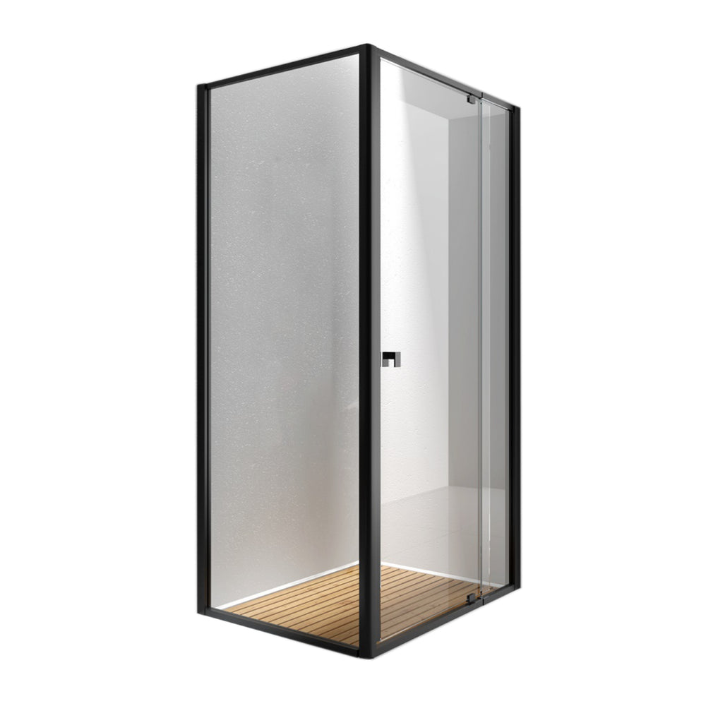 BELLA VISTA OLIVIA SEMI FRAMED PIVOT DOOR FRONT AND RETURN PANEL SHOWER SCREEN BLACK