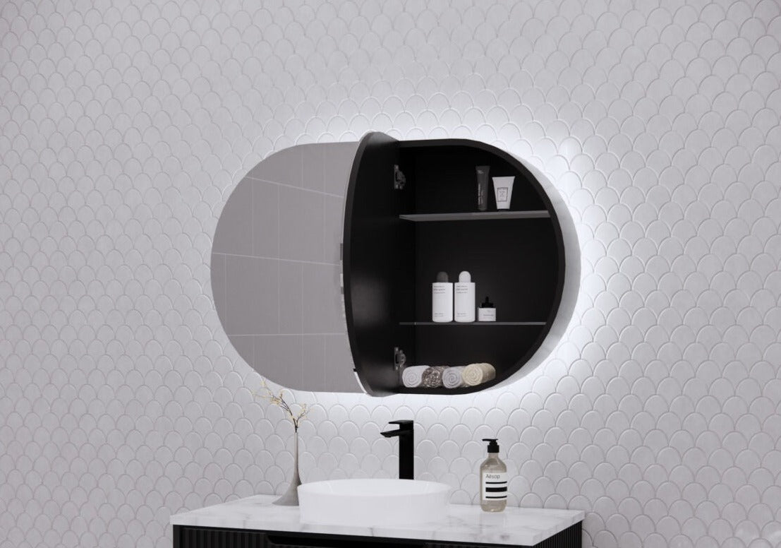 RIVA PARIS MATTE BLACK LED SHAVING CABINET 870X600MM