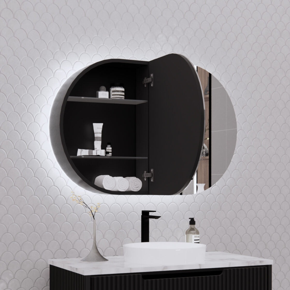 RIVA PARIS MATTE BLACK LED SHAVING CABINET 870X600MM