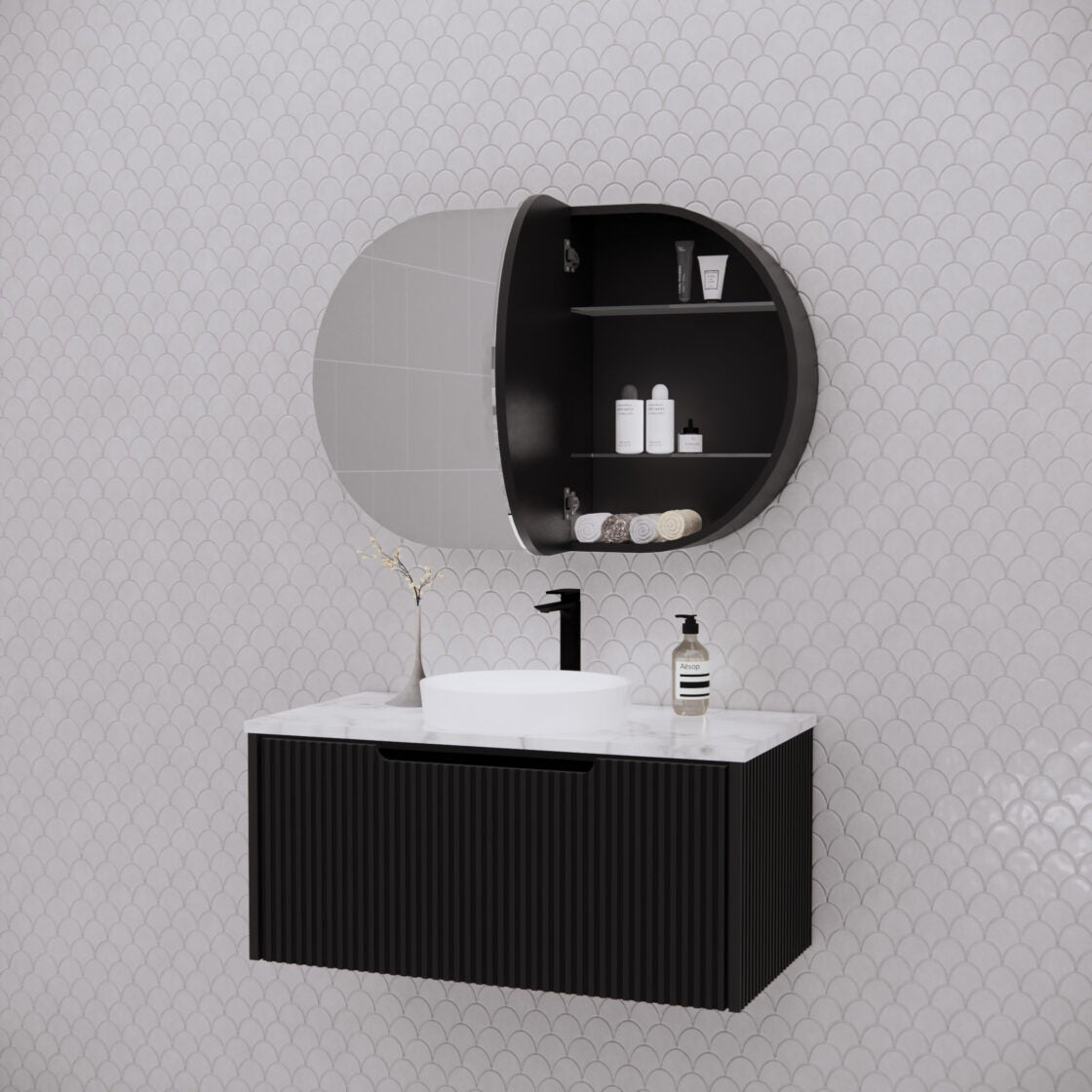 RIVA LONDON MATTE BLACK SHAVING CABINET 870X600MM