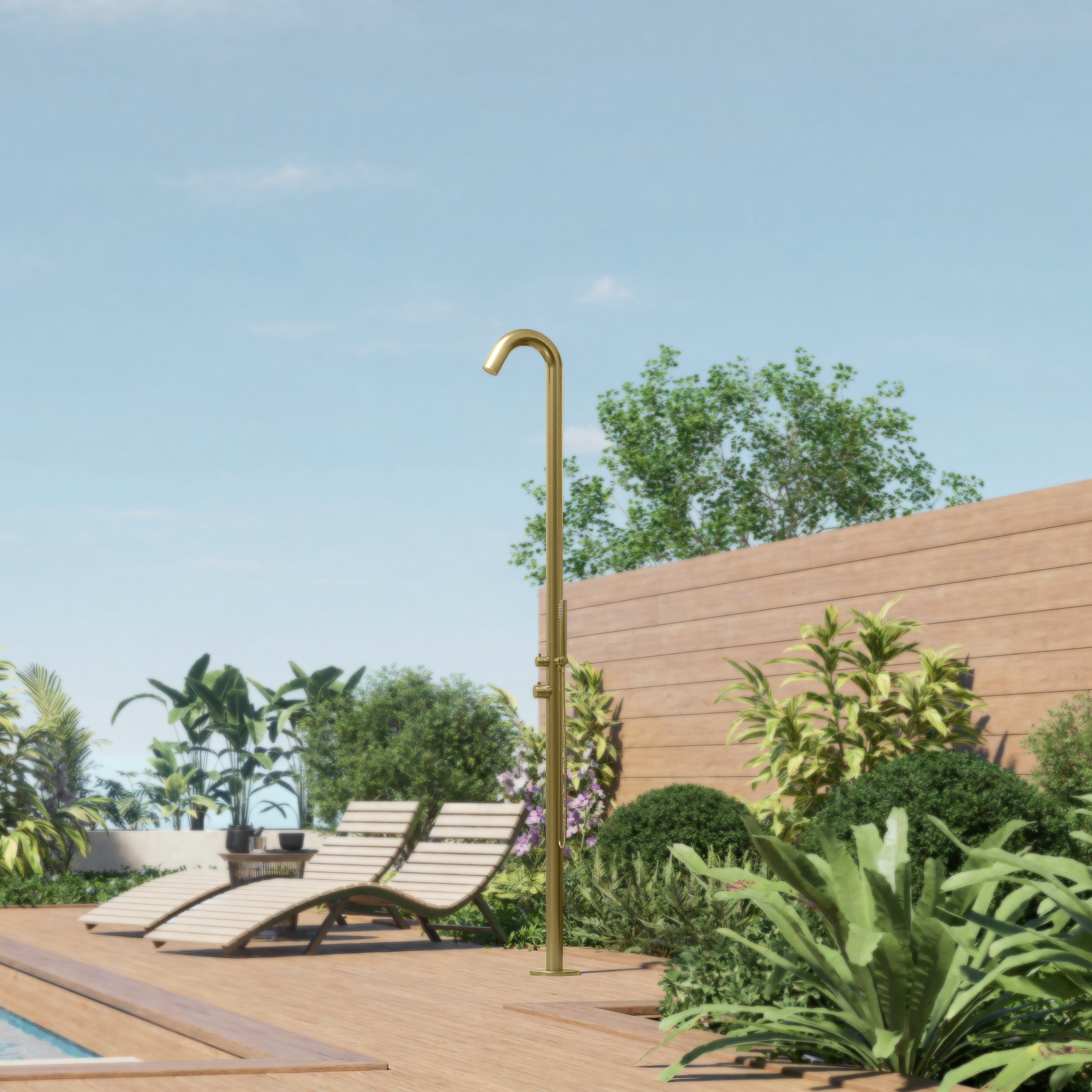 RAINWARE MAROUBRA FREESTANDING OUTDOOR HOT AND COLD SHOWER AND HANDHELD BRUSHED BRASS